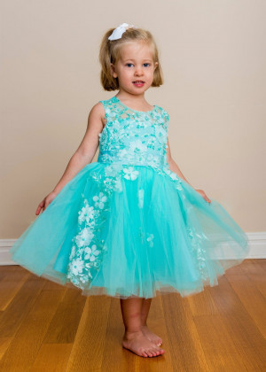 Illusion Neck Beaded Aqua Lace Tulle Flower Girl Dress